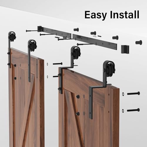 WINSOON 13FT Single Track Bypass Barn Door Hardware Double Doors Kit, Heavy Duty Sliding One Track Antique Roller for Cabinet Closet Fit Double 78" Wide Door