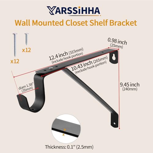 Yarssihha 6 Pack Adjustable Closet Rod Bracket, Wall Mounted Closet Shelf Bracket, Black Closet Rod Support Bracket with Screws by Yarssihha - Used condition - Image 2