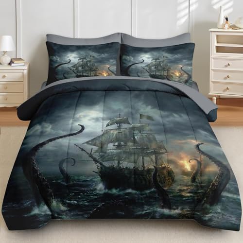 SOSIANTH Queen Comforter Set with Sheets, 7 Pieces Kraken Pirate Bedding