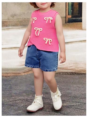 Image of WDIRARA Toddler Girl's 2 Piece Set Bow Tank Elastic Waist Denim Shorts Outfits