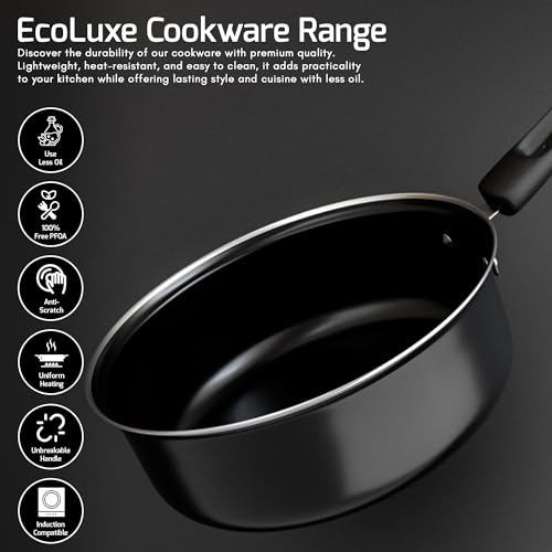 Image of The Earth Store EcoLuxe Medium Saucepan for Tea Milk and Chai Pan Induction Base and Gas Stove T Pan (patila)|Tea /Milk Boiling Pot Vessel | Sospan with Bakelite Handle 1200 ML Capacity 16cm, Black