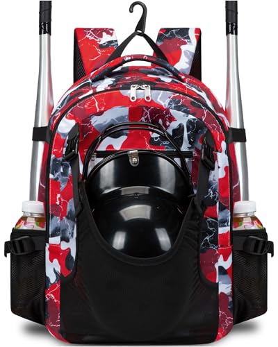 FOKDUVB Baseball Softball Backpack for Kids Boys Girls 6-8 8-12 12-14 Large Youth Bat Bag for Gear Storage Baseball Softball Tball Equipment Back Pack with Separate Shoe Bag (Red/Black, Camouflage)