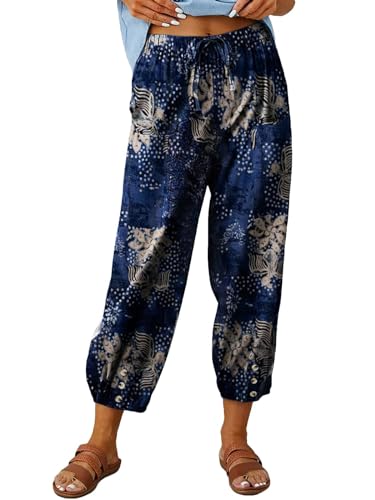 ABYOVRT Pantalon 7/8 Femme Été Imprimé Bohème Lin Ample Longueur Pants Cordon pour Décontracté à Jambes Léger en avec Poches Pantalon De Plage,Bleu Marine,XL