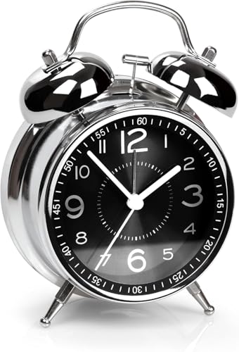 Image of RUCON Table Analog Clock 4.5 Inches Alarm Super Loud for Heavy Sleepers Retro Twin Bell Metal Frame Clock with Night Backlight Function Bedside Alarm for Bedroom /Office (Black Silver)
