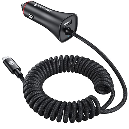 [Apple MFi Certified] Syncwire iPhone Car Charger 32W Super Fast Car Phone Charger Cigarette Lighter USB Car Adapter with Build-in 5FT Coiled Lightning Cable for Apple iPhone 14/13/12/11/XR/Max, iPad