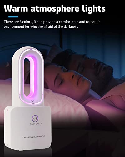 Desk Fan Small Bladeless Personal Fan Quiet Mini Table Fan 12'' Touch Control 4000Mah Rechargeable Portable Fan With 6-Colors Led Ambient Light For Office Desk Home Bedroom Nightstand White #TOP4