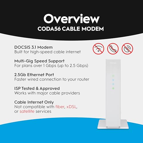 Image of Hitron CODA56 DOCSIS 3.1 Cable Modem ONLY (NOT Fiber) with 3-Year Warranty | NO WiFi /Voice /Router | Single Ethernet Port | Xfinity /Spectrum /Cox Compatible | Requires Separate WiFi Router