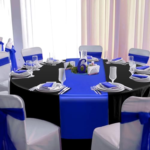 Image of 12Pack 12x108 Inch Satin Table Runner and 84 Inch Round Plastic Tablecloths Set Black and Blue Disposable Round Table Cover for Graduation Wedding Bridal Shower Anniversary Birthday Party Decorations