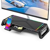 Support de Moniteur d'ordinateur de Bureau avec 4 Hub USB 3.0 et Lumière RVB, TopMate Rehausseur d'écran Pliable avec Tiroir de Rangement, Support de Téléphone et Porte-Plume pour PC/Laptop/iMac-Noir