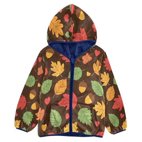 Autumn Leaves and Hearts Pattern Toddler Fleece Jacket Girl Boys Hooded Fleece Jacket Coat Warm Outwear Zip-up 3-10T