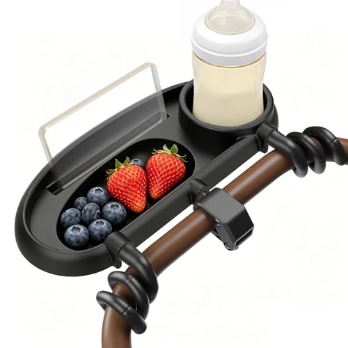 Universal Stroller Snack Tray Stable Three-Point Locking Mechanism Reduces wobbling and Spills.The Stroller Snack Tray Accommodates Snacks Water Bottles and Mobile Phones and is Dishwasher-Safe.