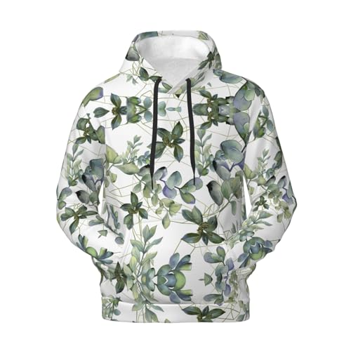 Men's Fleece Pullover Hoodies, Green Eucalyptus Leaves Printed Casual Drawstring Hooded Sweatshirts4