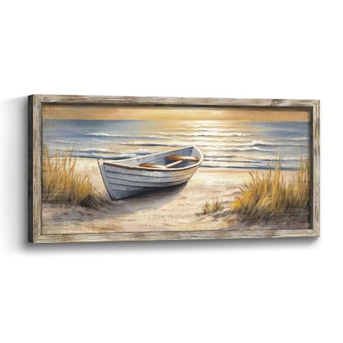 Framed Beach Wooden Wall Art: Coastal Ocean Painting Print Sea