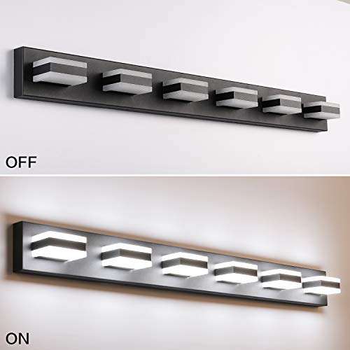 Image of SOLFART Bathroom Light Feature Modern LED Dimmable Matt Black Bathroom Vanity Light 6 Lights Acrylic Vanity Light Over Mirror ETL Listed