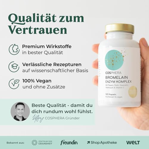 Bromelain hochdosiert 5000 FIP - 6-in-1 Ananas Enzym Komplex mit Papain, Quercetin, Weihrauch, Rutin & Vitamin C - 120 Magensaftresistente Kapseln (2 Monate) - Vegan & Made in Germany von COSPHERA®