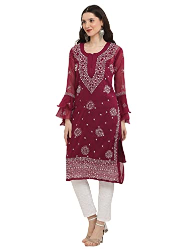 Image of FAWOMENT Women's Designer Georgette Straight Kurta with Hand Crafted Lucknowi Chikankari Embroiderey Emblemished Moti Work Along