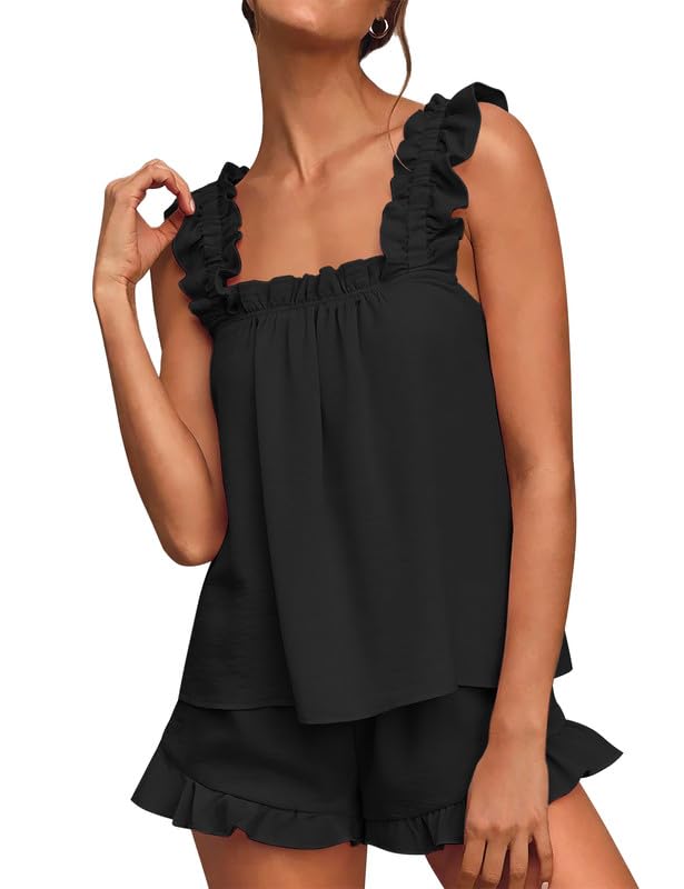 Womens Pajamas Set 2 Piece Ruffle Pj Set Cute Pajamas Sexy Tank Top and Shorts Bridal Sleepwear Set S-2XL