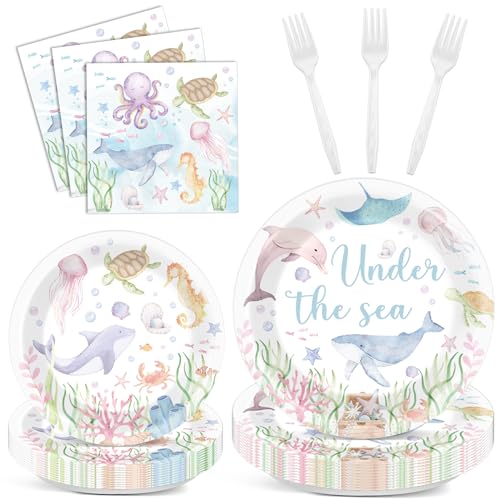 96 Pcs Under the Sea Party Decorations Ocean Plates and Napkins Sea Turtle Theme Tableware Set Decor Party Supplies for Birthday Wedding Baby Shower Sea Animal Party Favors for 24 Guests