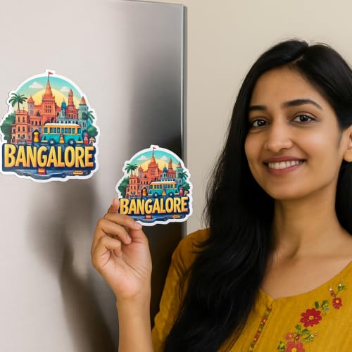 Image of Naxon Indian City Bangalore Theme Souvenir Wooden Fridge Magnet for Refrigerator - Printed Fridge Magnet for Kitchen & Home Decor | Perfect Souvenir Gift | Size 3x3 in | Pack of 1