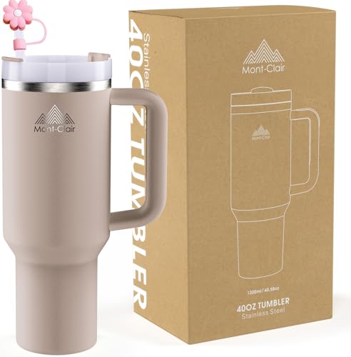 Tumbler 40oz - Taza Termica Cafe para llevar con Pajita y Tapa - Vaso Termico Acero Inoxidable con Asa - Bebidas frías y calientes - Fría durante 10 horas - Helada durante 48 horas - 1200ml - Almendra