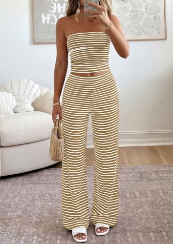 PRETTYGARDEN Two Piece Striped Sets for Women Summer Travel Outfits 2026 Spring Y2K Going Out Vacation Clothes Loungewear (Yellowish Brown White,Medium) — view 5