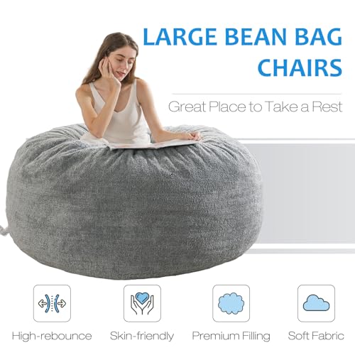 [Sherpa Cover] Large Bean Bag Chair: 4 ft Bean Bag Chairs for Adults/Kids with Filling,Ultra Soft Faux Fur Fabric,Memory Foam Bean Bag with Filler Included - 4 Foot,Heather Gray - Thumbnail 3
