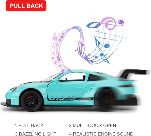 Image of 1:32 Porsche 911 GT3 RS Diecast Model Pull Back Toy Car with Sound & Light Openable Doors Miniature Racing Car for Kids & Collectors Gift for Boys & Adults (Green)