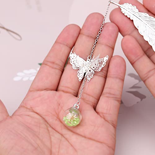 Zizzon Metal Feather Bookmark With 3D Butterfly Pendant Christmas Thanksgiving Unique Gift For Book Lover Teacher Women And Girls 2 Pack (Silver, Purple+Green) #TOP4