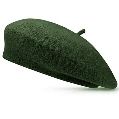 Jeicy Wool Beret Hat Solid Color French Beret with Skily Scarf and Brooch, Dark Green