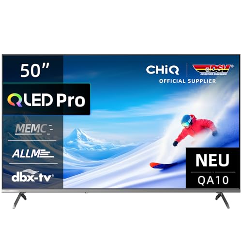 CHIQ 50QA10 50 Zoll 4K UHD QLED Smart TV, QLED Pro, DLG 120Hz, MEMC, VRR, ALLM, HDR10, Dolby Audio, 4X HDMI 2.1, Wide Color Gamut, rahmenloses Metallgehäuse, Chromecast, Google Assistant