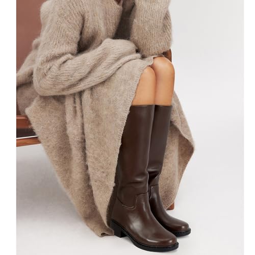 Image of Dsevht Black Knee High Boots for Women Faux Leather Elastic Low Heel Round Square Toe Side Zipper Fall Long Tall Boot
