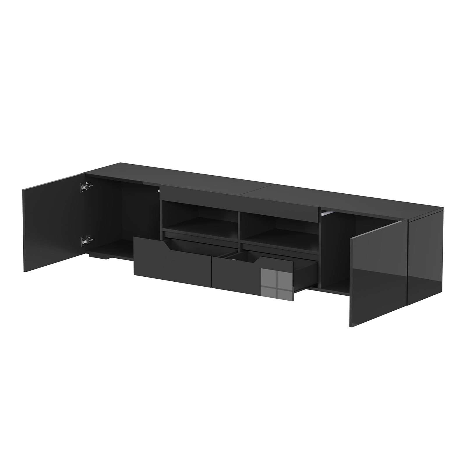 200cm TV Schrank Hochglanz mit LED-Beleuchtung, Schwarz