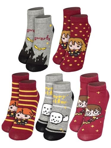 Harry Potter Socken für Mädchen - 3 Freunde Kinder Sneaker Kindersocken Söckchen Grau/Rot (5er Pack) (DE/NL/SE/PL Numerisch 31 34 Regular)