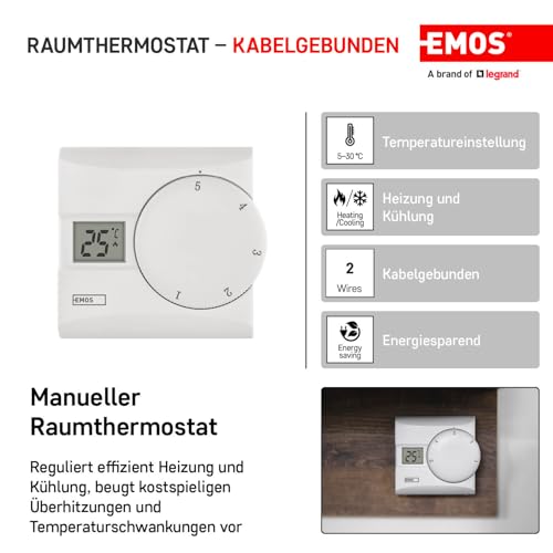 EMOS - digitaler Raumthermostat mit LCD-Display - manuell, drahtgebunden - Heiz- und Kühlsysteme - Temperaturregelung 5-30 °C - Aufputzmontage - einfache Bedienung - Batterie inkl. - weiß