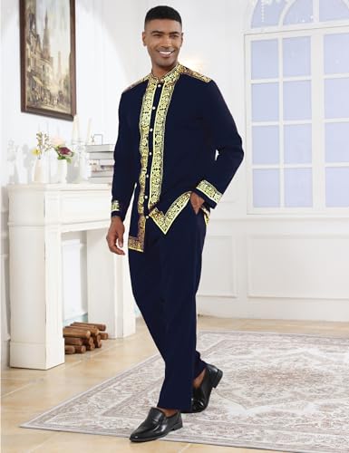 ZSJR Mens African 2 Piece Set Nigerian Dashiki Metallic Traditional Suit Gold Stamp Printed Shirt and Pants Outfit