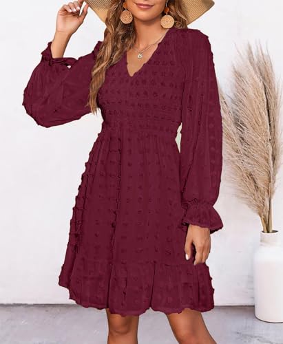 BTFBM Long Sleeve Fall Dresses for Women 2025 Casual V Neck Swiss Dot Smocked Ruffle Chiffon Summer Flowy Mini Dress2