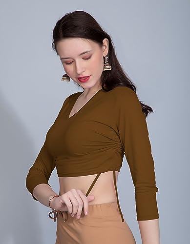 Image of THE BLAZZE B4083 Women's Cotton V Neck 3 /4 Sleeves Adjustable Drawstring Crop Tops Readymade Saree Blouse for Women