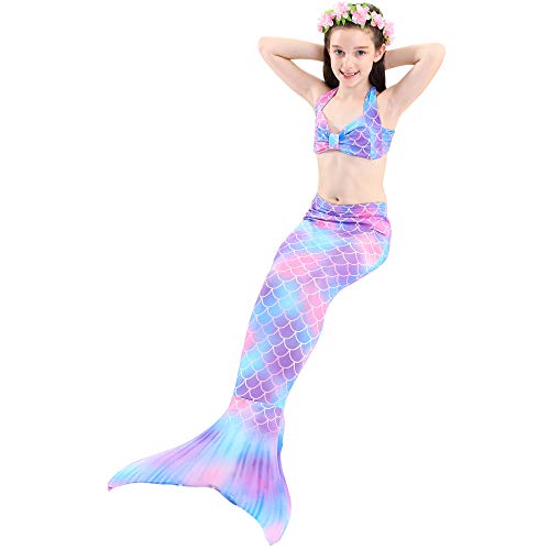Girls Mermaid Tails for Swimming Bathing Suits Mermaid Theme Swimsuits Toddler Girls Birthday Gift for 3-12Y (A-Multicolored, 9-10 Years) - Thumbnail 4