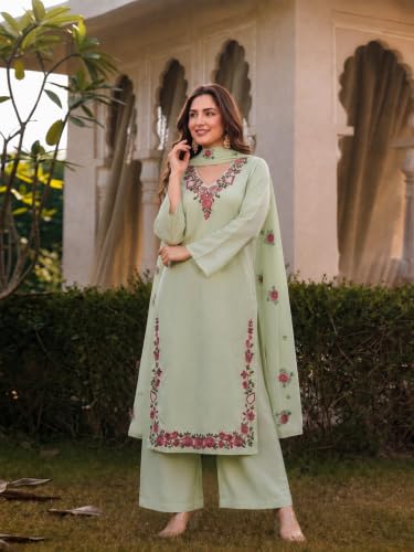 Image of ANNI Designer Kurta Sets for Women Viscose Blend Embroidered | Kurta Palazzo Dupatta Set | Designer Kurti Set for Women | V Neck Full Sleeve Ethnic Suit | Indian Kurta Outfit with Palazzo Pants