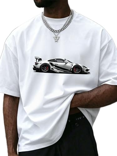 COZYEASE Mens Graphic Tees Letter Print Casual Short Sleeve T Shirts Summer Tops Vintage Tees Car White Medium