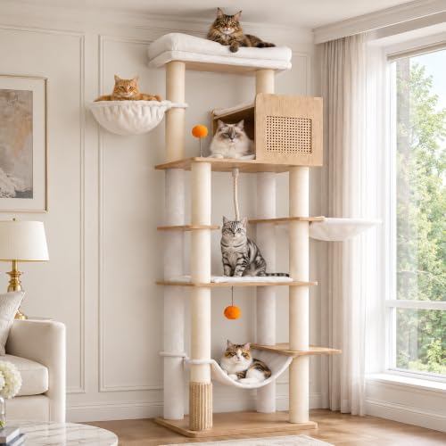 Image of Hey-brother Wooden Cat Tree Tower with Rattan Condo, Big Platform, MPJ122BT