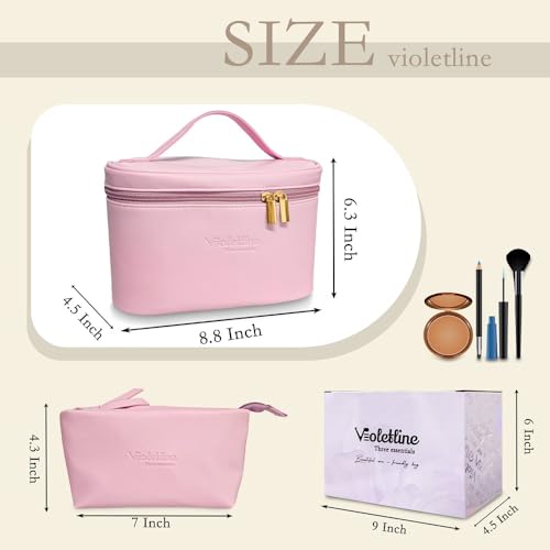 Travel Cosmetic Bag for Women, PU Leather Cosmetic Bag Set of 2, Waterproof, Large Makeup Bag with Handle (Light pink makeup bag)3