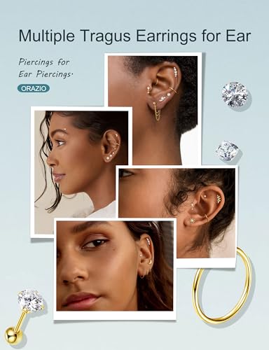 ORAZIO 16 Gauge Cartilage Earrings for Women-Hypoallergenic Surgical Stainless Steel Tragus Earring Set Threadless Flat Back Earrings Push in Nose Studs Daith Conch Tragus Helix Piercing Jewelry2
