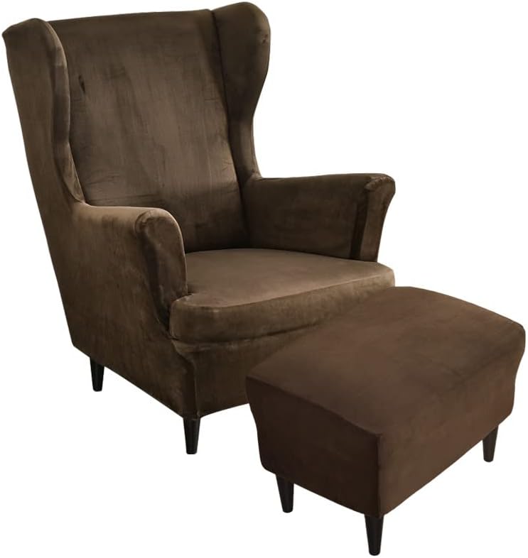 Highdi Velvet Wingback Chair Covers 2 Piece with Ottoman Cover, Stretch Wing Chair Slipcover, Washable Spandex Fabric Sofa Cover Furniture Protector for Armchair Chairs Bedroom Hotel (brown)