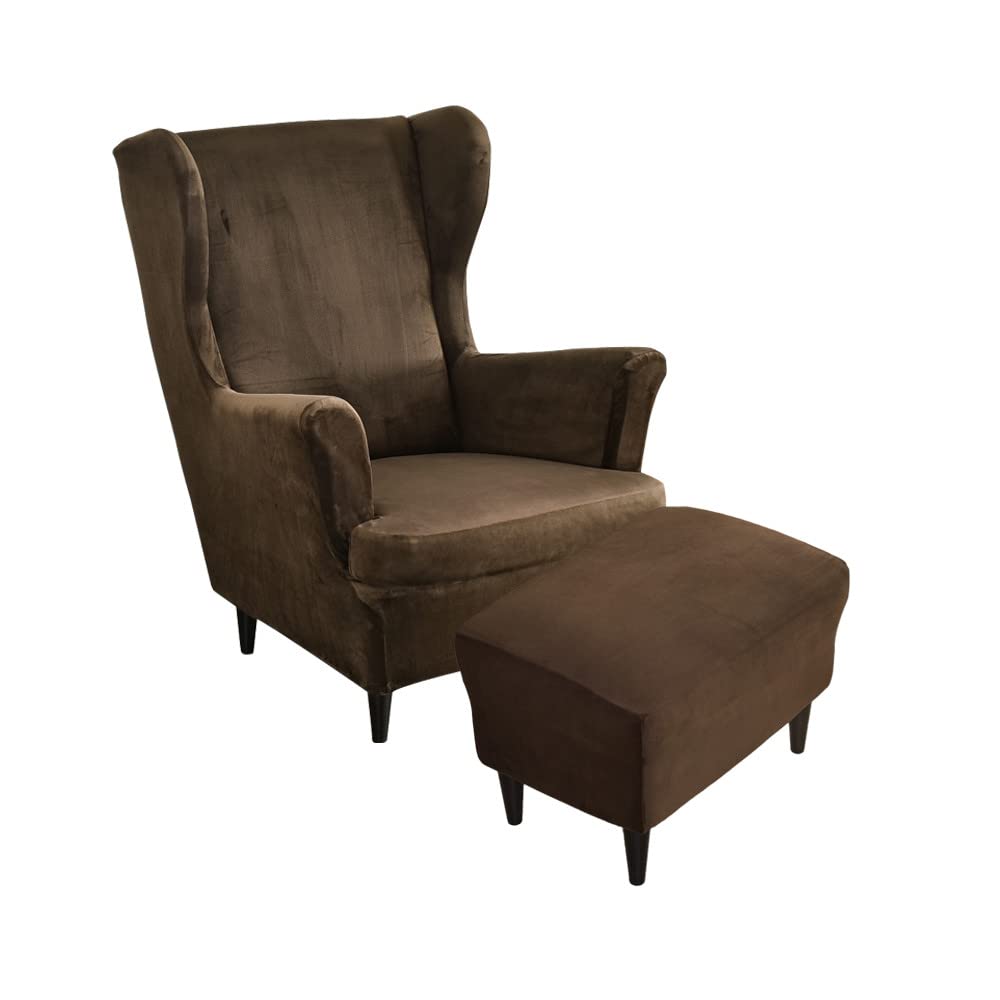 Highdi Velvet Wingback Chair Covers 2 Piece with Ottoman Cover, Stretch Wing Chair Slipcover, Washable Spandex Fabric Sofa Cover Furniture Protector for Armchair Chairs Bedroom Hotel (brown)