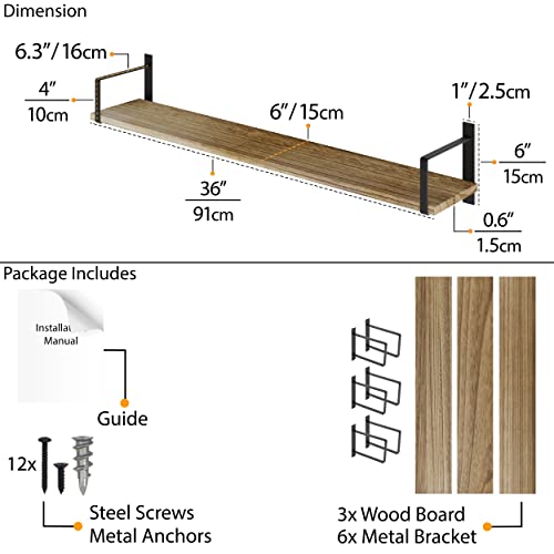 Wallniture Toledo Floating Bookshelf Set of 3, Wood Floating Shelves for Wall Storage, 36\"x6\" Long Wall Shelves for Living Room, Bathroom, Bedroom, Kitchen Pantry,Burnt Finish - Thumbnail 3