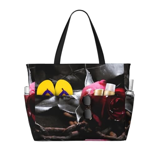 Grand sac à bandoulière pour femme avec roses noires gothiques, parfait pour la plage