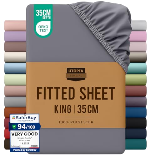 Utopia Bedding Fitted Sheet King, Grey - Deep Pocket 14 inch (35 cm) - Easy Care - OEKO-TEX Certified - Soft Brushed Microfibre Fabric - Shrinkage and Fade Resistant - Bottom Sheet