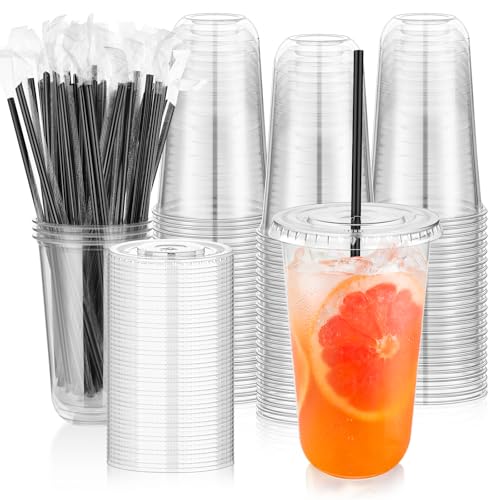 tchrules 100 Set 18oz Clear Round Bottom Plastic Cups with Lids and Straws