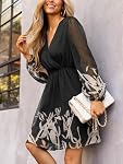CUPSHE Women's Mini Dresses Casual Spring V Neck Chiffon Long Peasant Sleeves Flowy Spring Dress, Black, Large